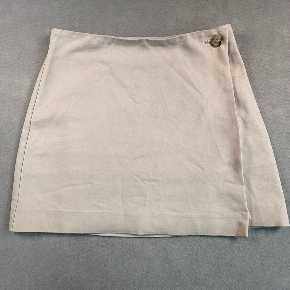 Babaton Women Beige Wrap Mini Skirt Size 6 Button Front Neutral A-Line